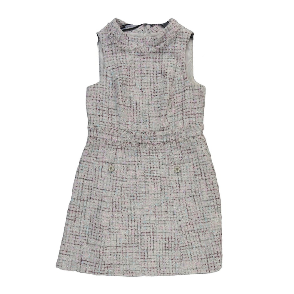 NEW Eliza J Tweed Shift Dress Women's Size 14 Pink Blue Fringe Pearl Mock Neck - Picture 2 of 12